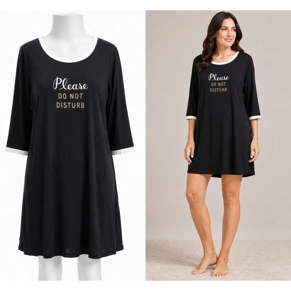 Kate Spade Please Do Not Disturb Nightgown Womens L Black Sleep Shirt Pajama